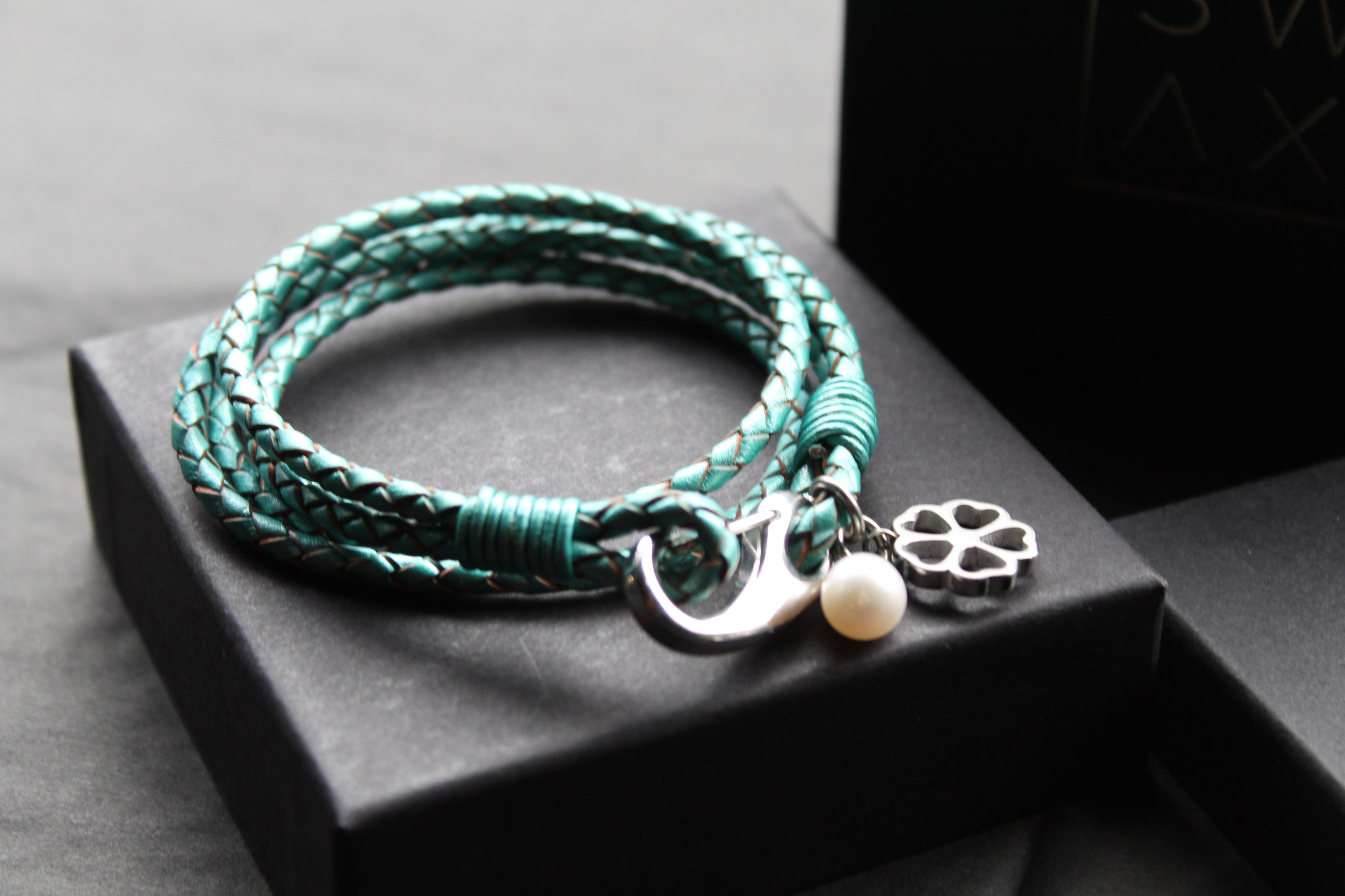 Leather Bracelet with Pearl & Flower Charms