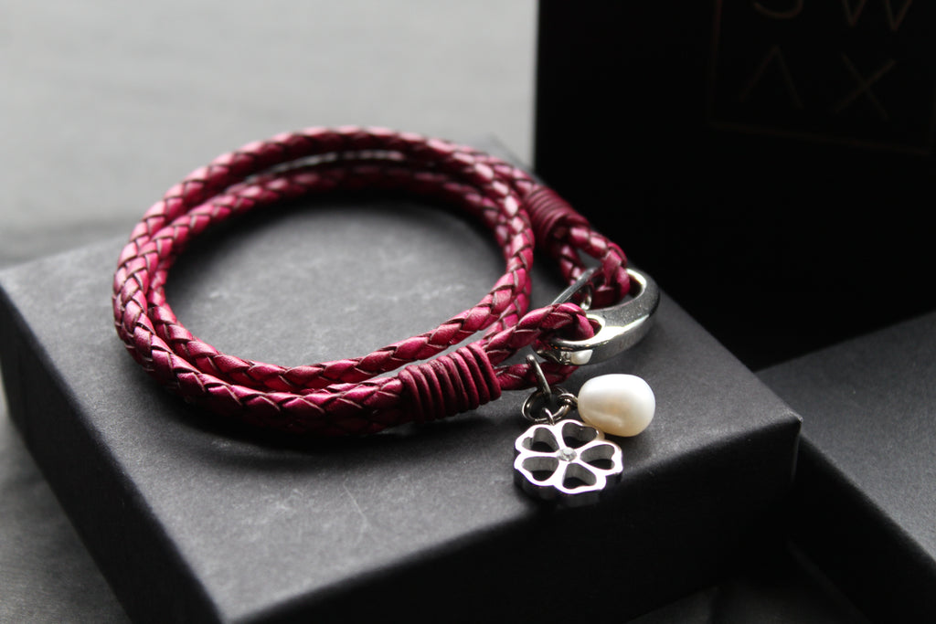 Leather Bracelet with Pearl & Flower Charms