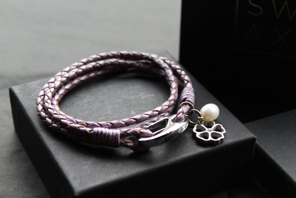 Leather Bracelet with Pearl & Flower Charms