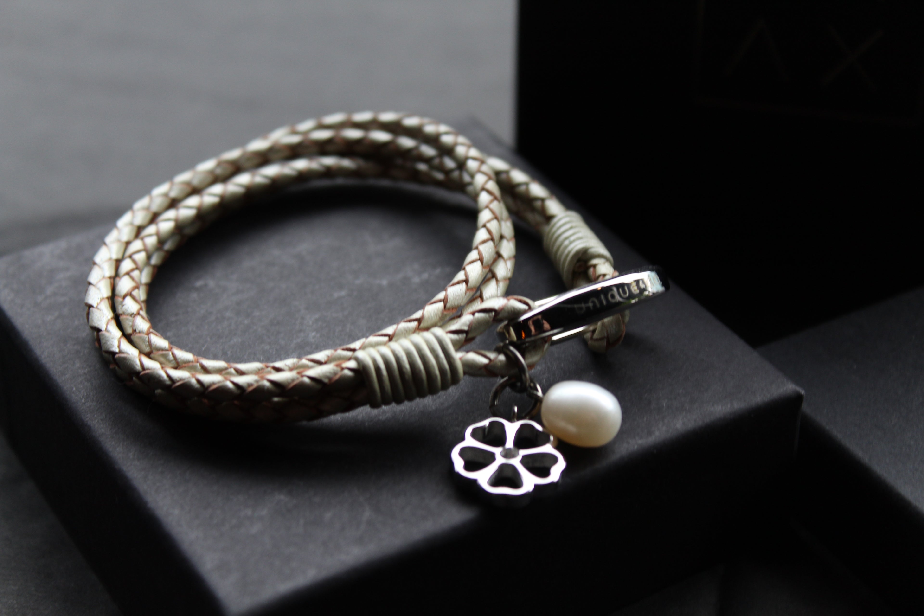 Leather Bracelet with Pearl & Flower Charms