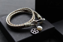 Load image into Gallery viewer, Leather Bracelet with Pearl &amp; Flower Charms
