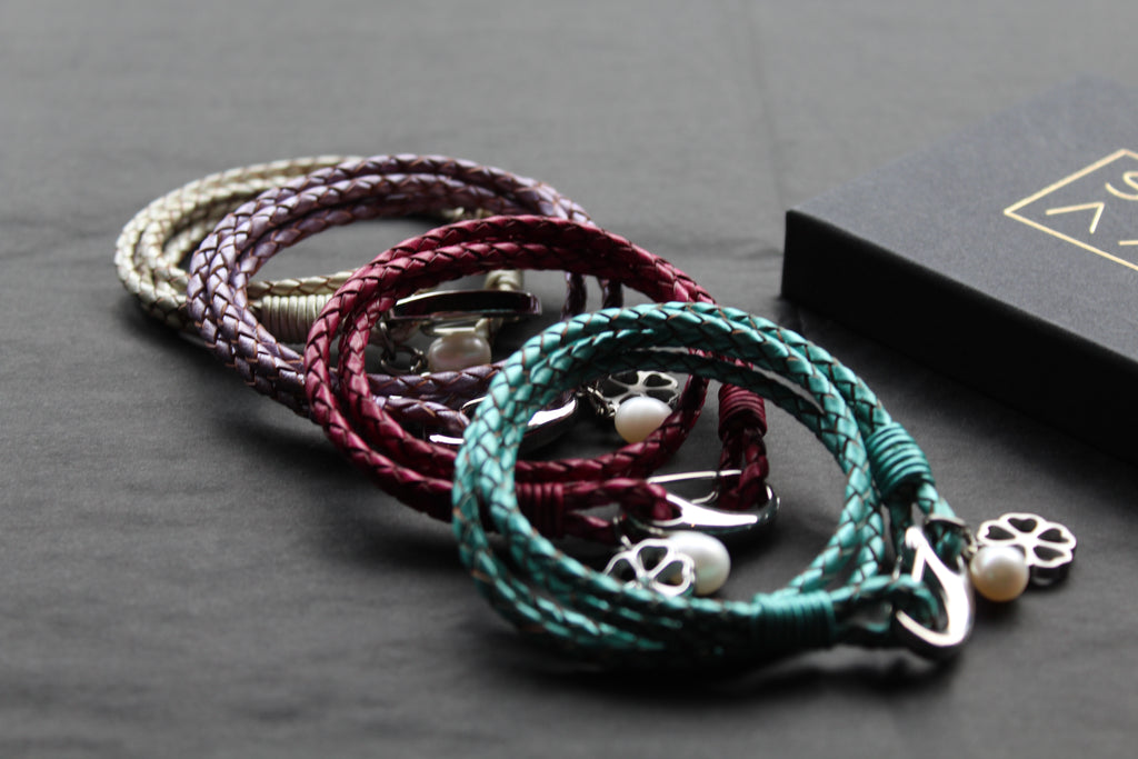 Leather Bracelet with Pearl & Flower Charms