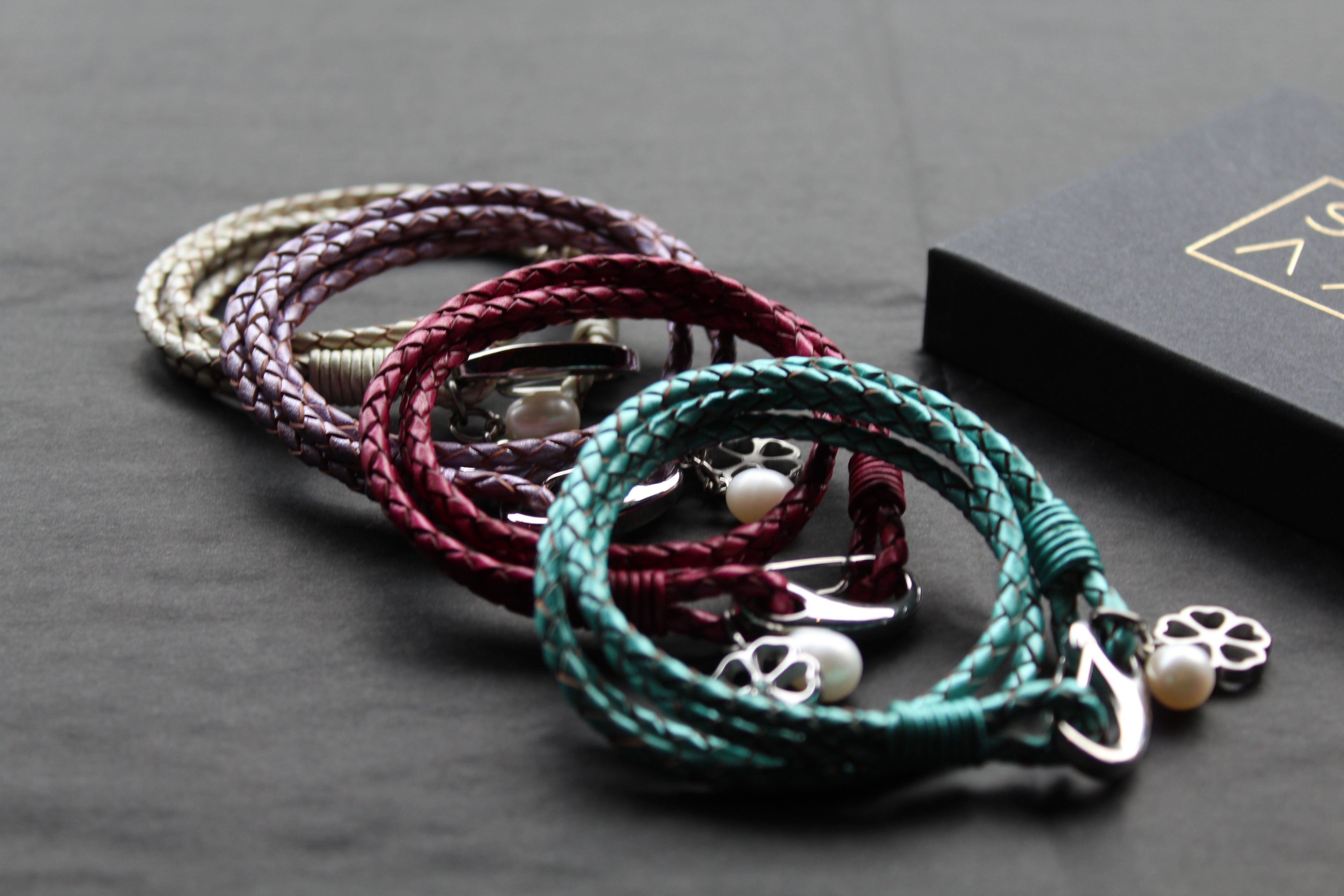Leather Bracelet with Pearl & Flower Charms