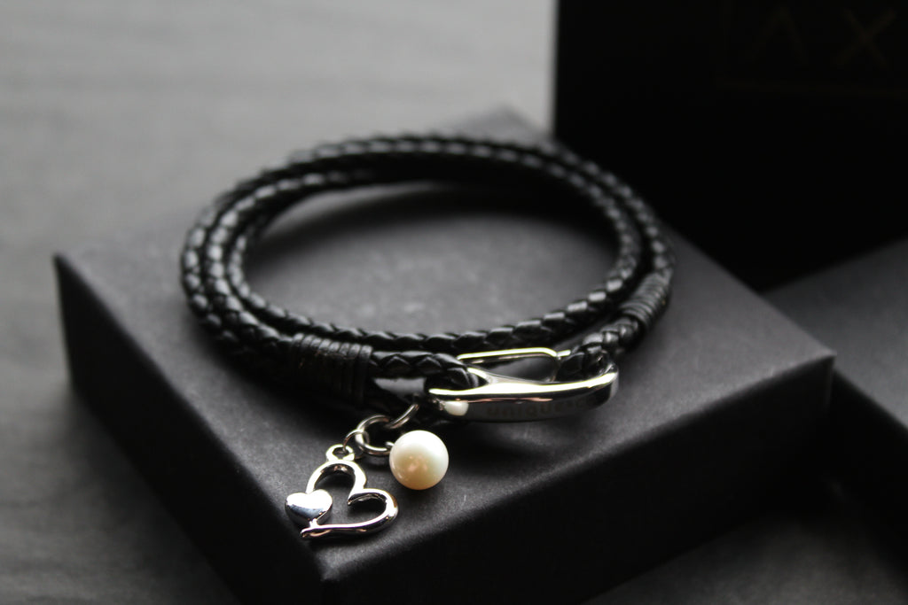 Leather Bracelet with Pearl & Heart Charms
