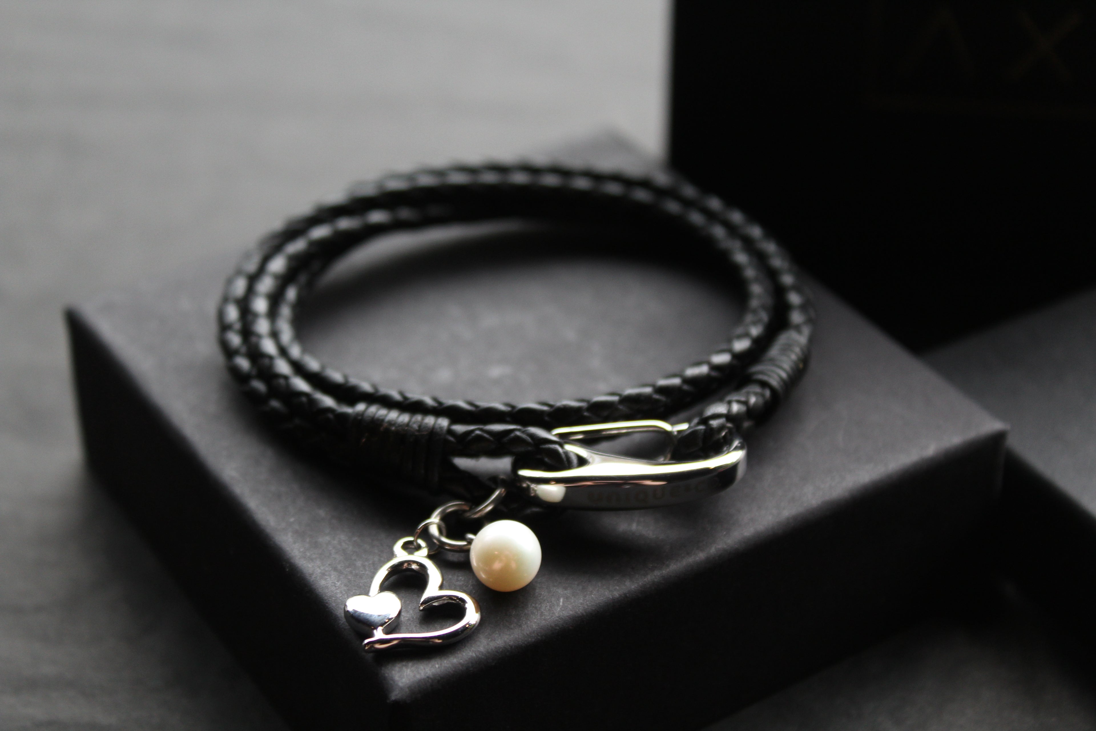 Leather Bracelet with Pearl & Heart Charms