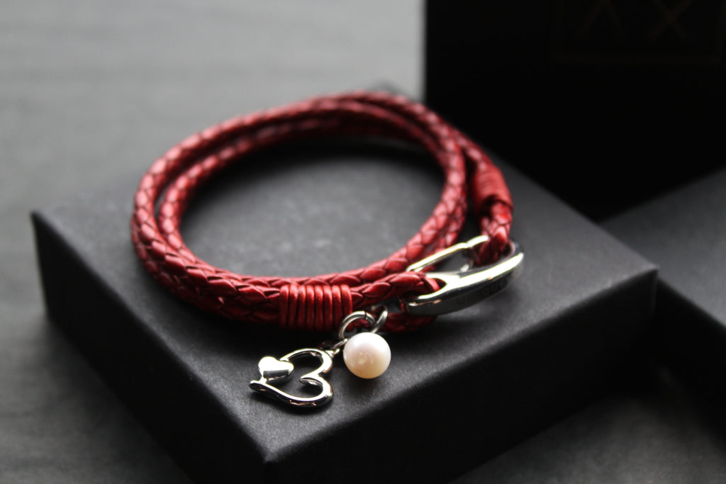 Leather Bracelet with Pearl & Heart Charms