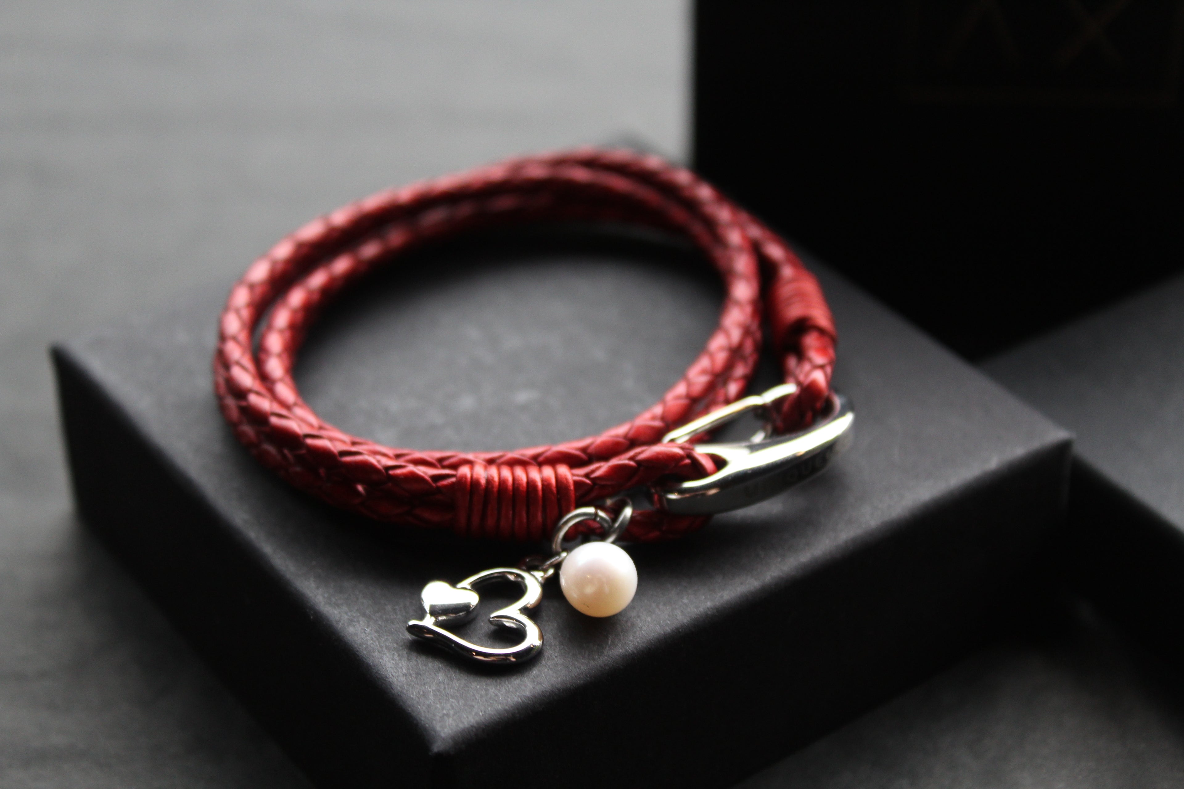 Leather Bracelet with Pearl & Heart Charms