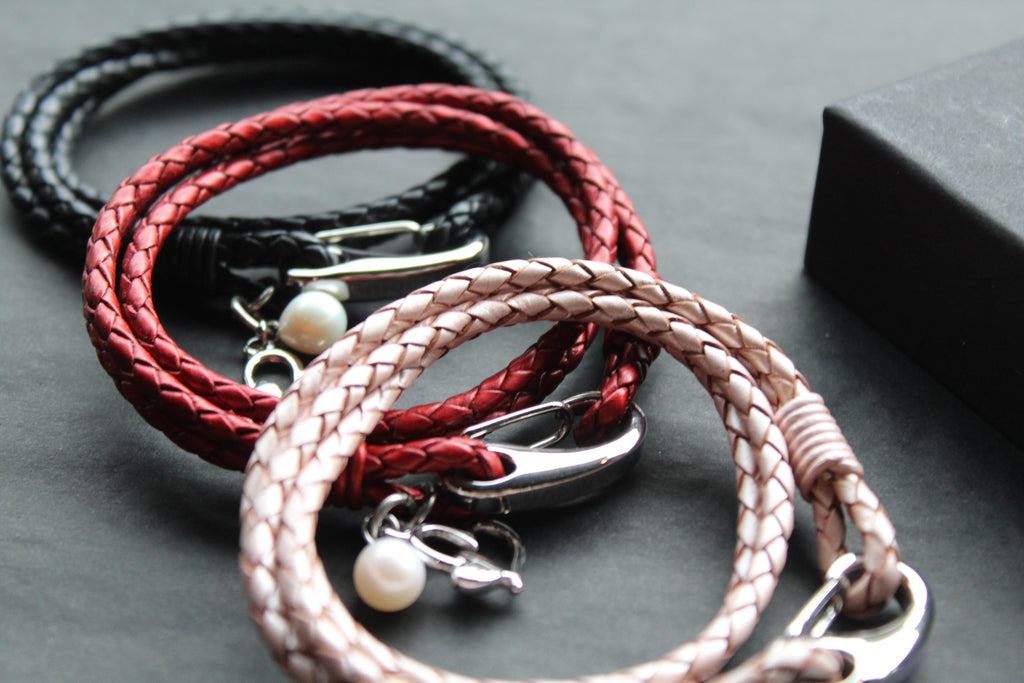 Leather Bracelet with Pearl & Heart Charms