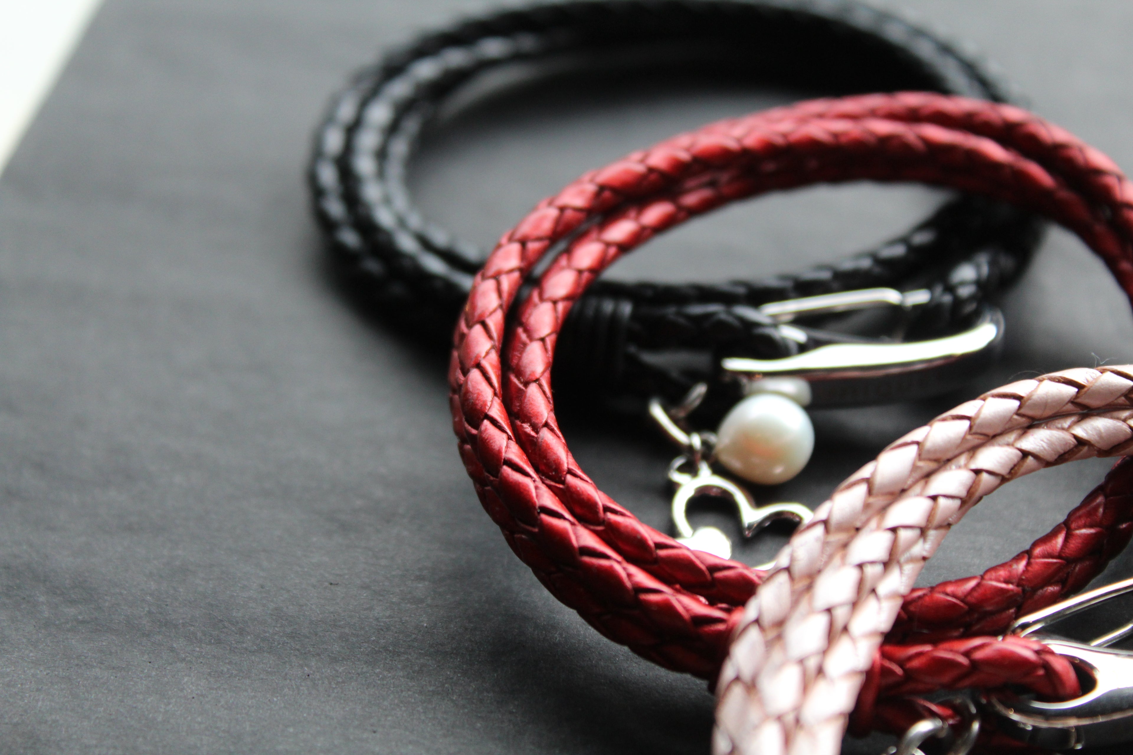 Leather Bracelet with Pearl & Heart Charms
