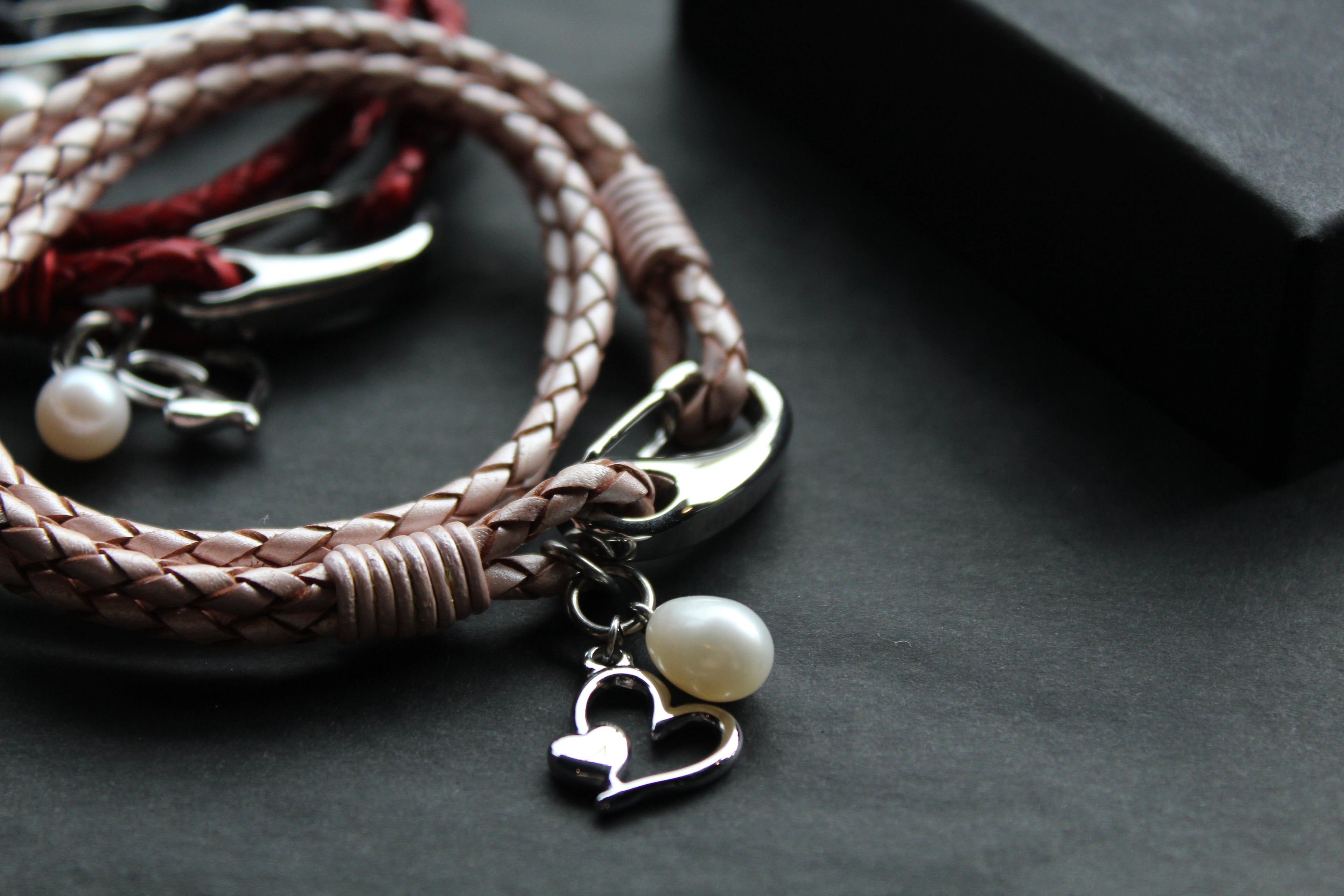 Leather Bracelet with Pearl & Heart Charms
