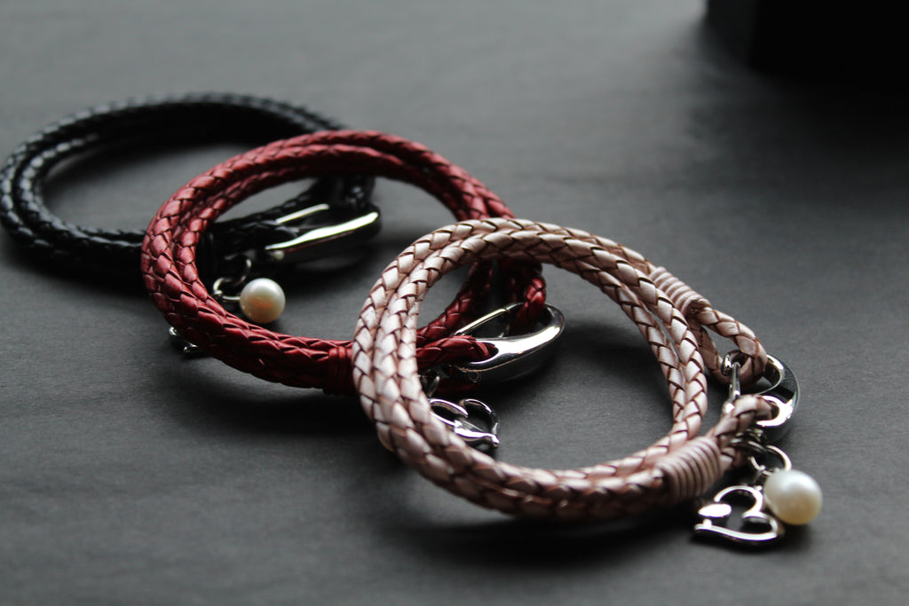 Leather Bracelet with Pearl & Heart Charms