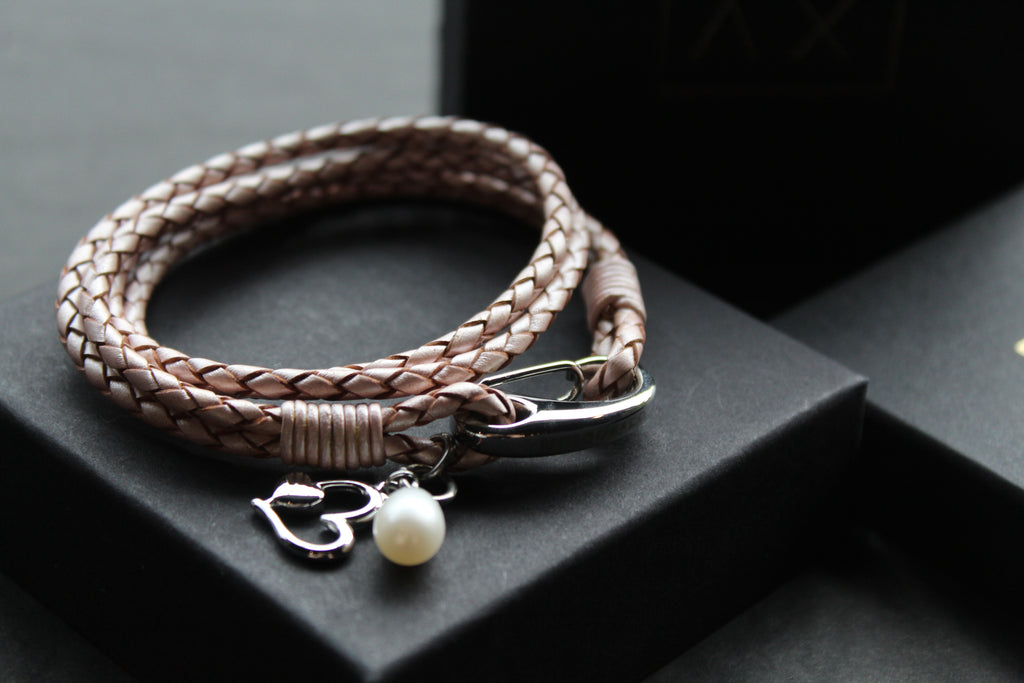 Leather Bracelet with Pearl & Heart Charms