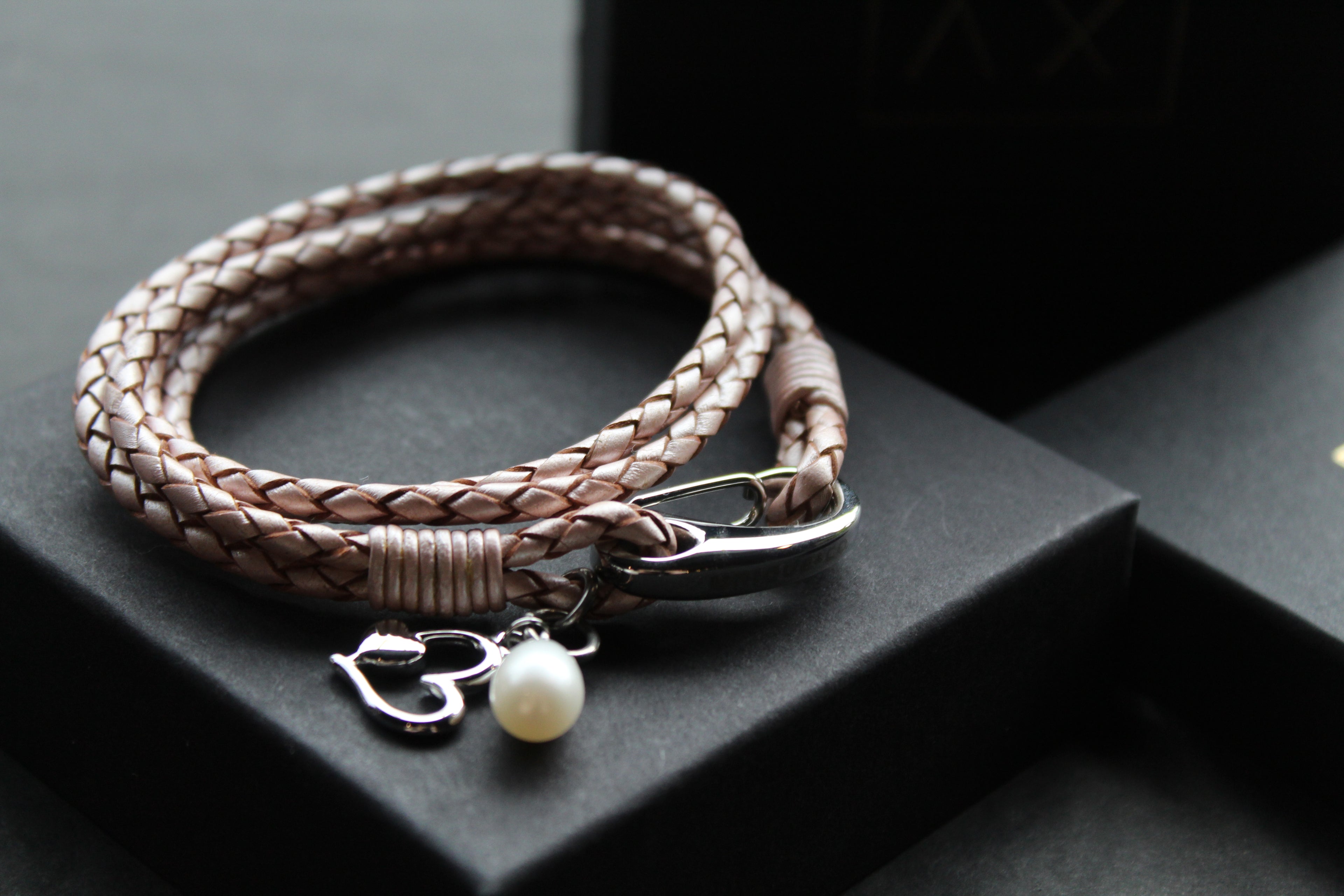 Leather Bracelet with Pearl & Heart Charms