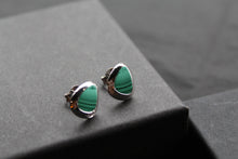 Load image into Gallery viewer, Malachite and CZ Studs Rhodium Plated Sterling Silver
