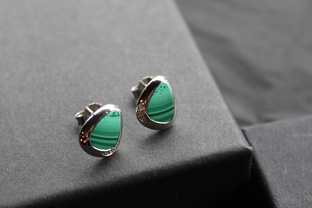 Malachite and CZ Studs Rhodium Plated Sterling Silver