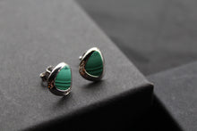 Load image into Gallery viewer, Malachite and CZ Studs Rhodium Plated Sterling Silver
