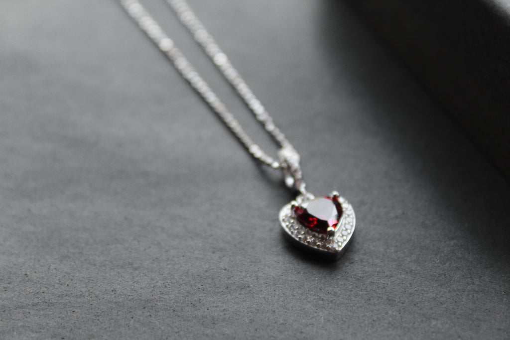 Mini Ruby Cubic Zirconia Drop Heart Pendant with 16-18" Silver Chain