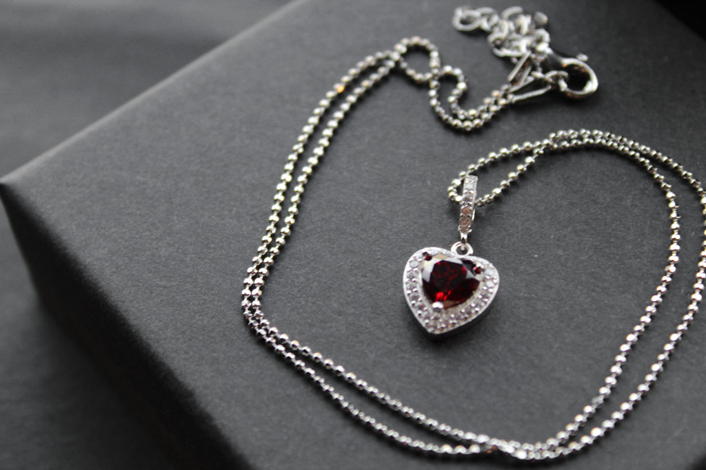 Mini Ruby Cubic Zirconia Drop Heart Pendant with 16-18" Silver Chain