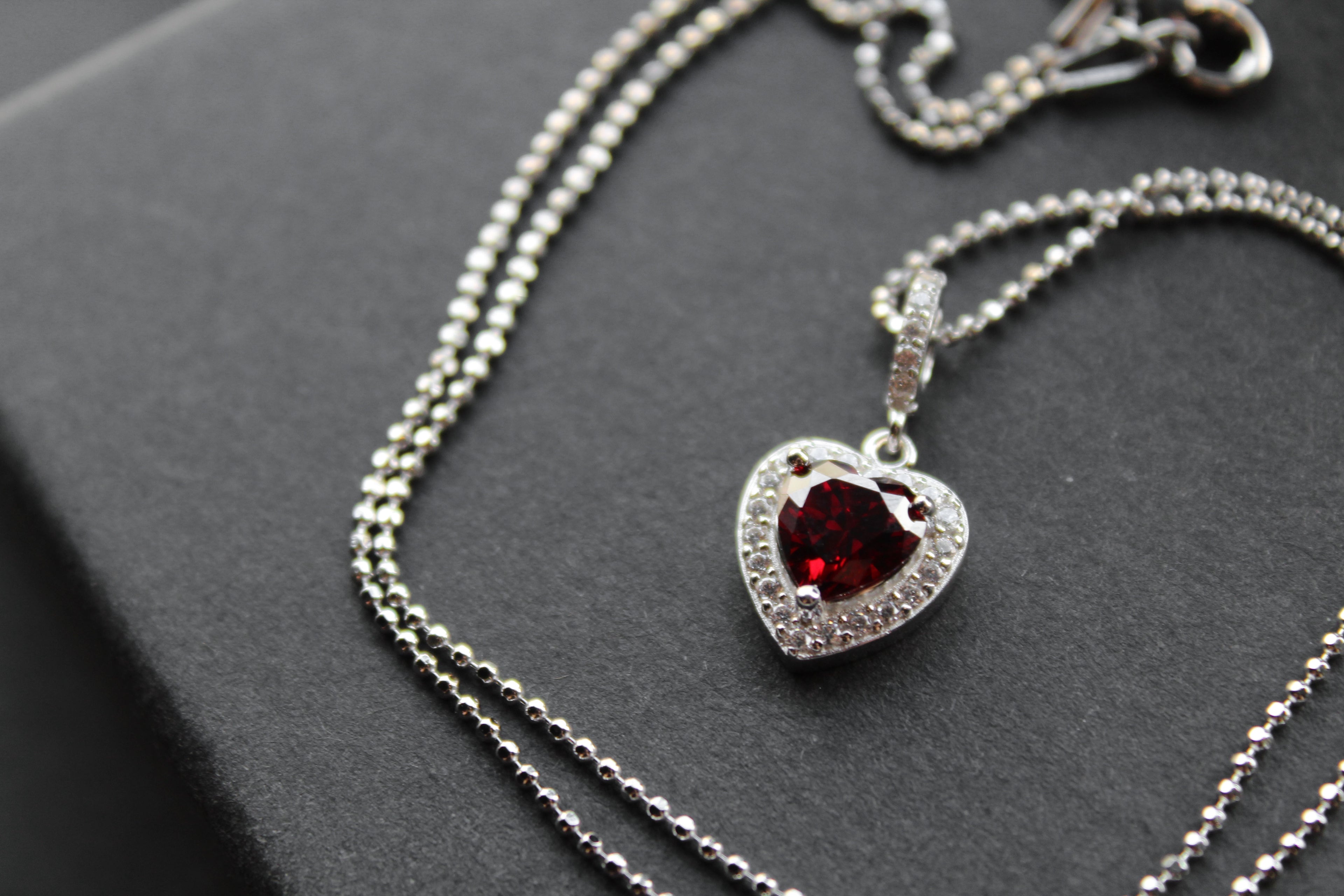 Mini Ruby Cubic Zirconia Drop Heart Pendant with 16-18" Silver Chain