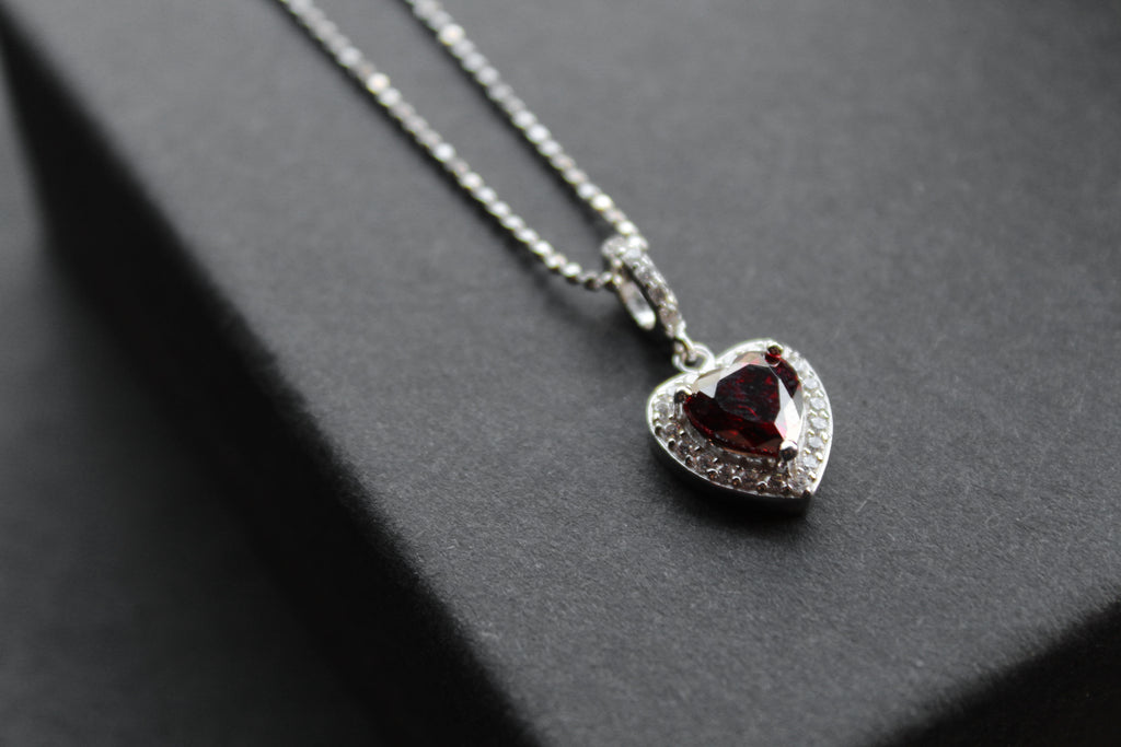 Mini Ruby Cubic Zirconia Drop Heart Pendant with 16-18" Silver Chain