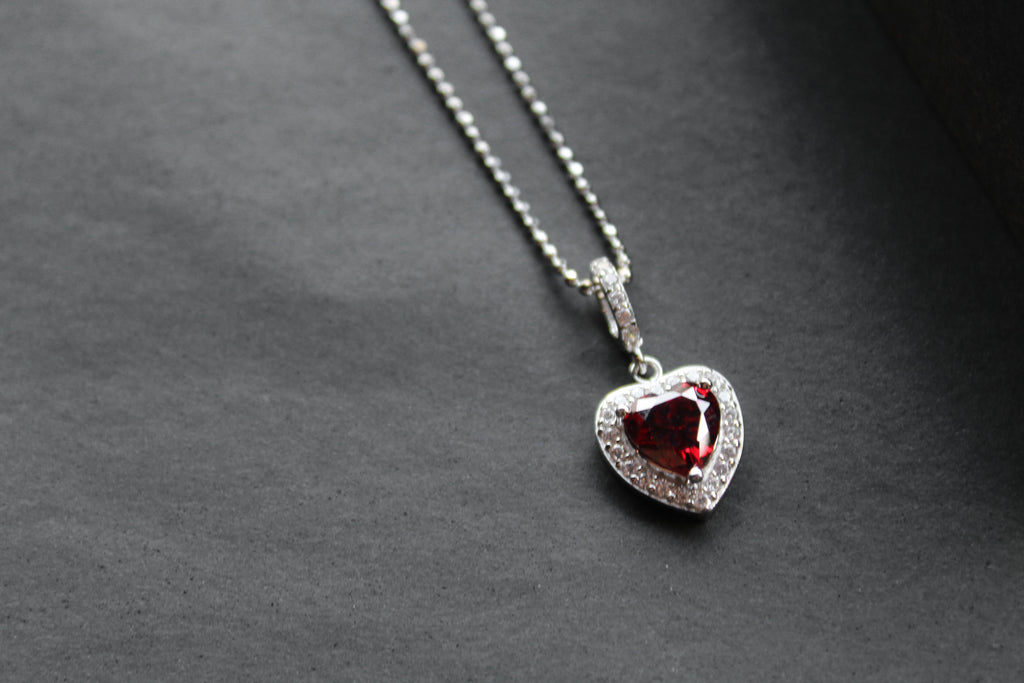 Mini Ruby Cubic Zirconia Drop Heart Pendant with 16-18" Silver Chain