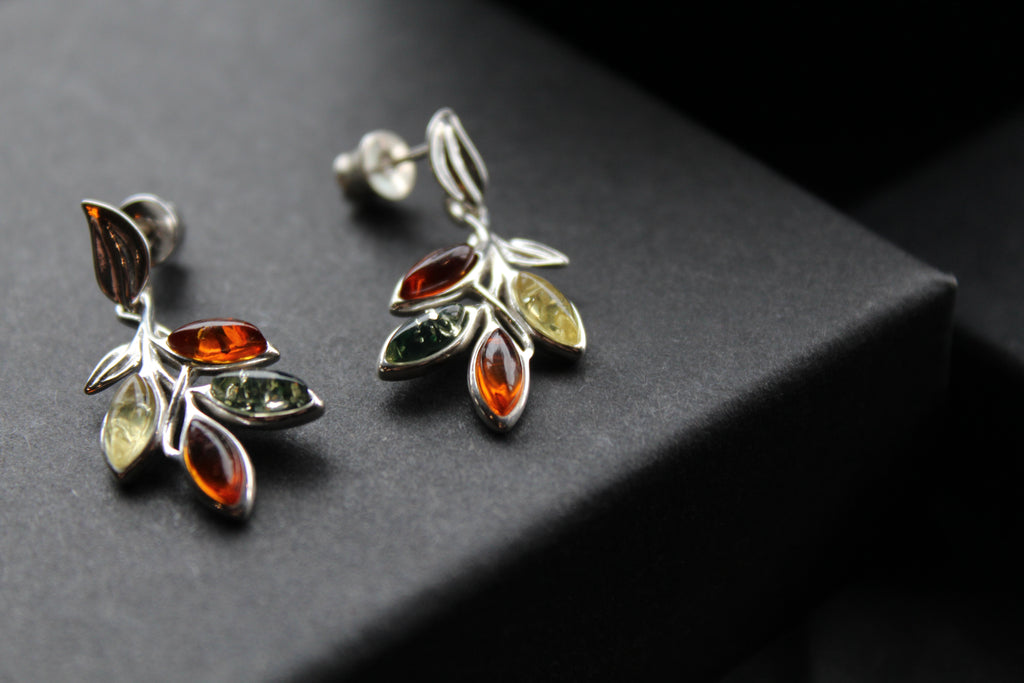 Mixed Amber Leaf Sprig Drop Earrings