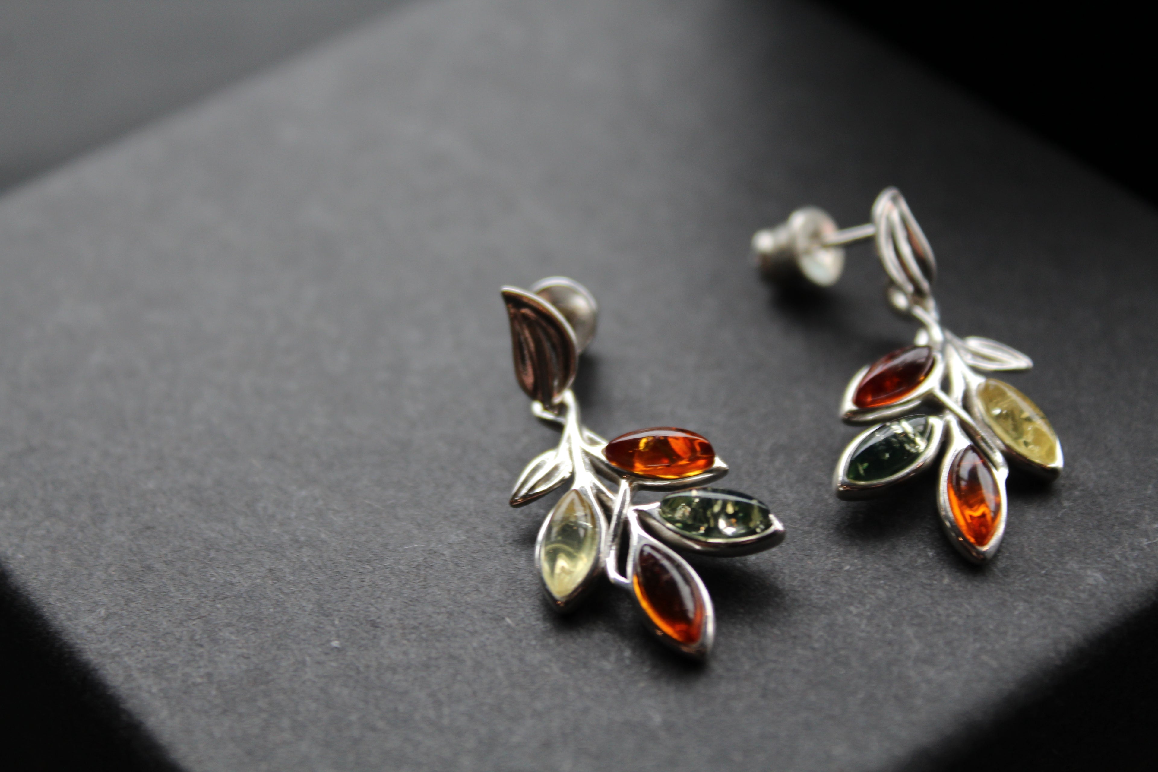 Mixed Amber Leaf Sprig Drop Earrings