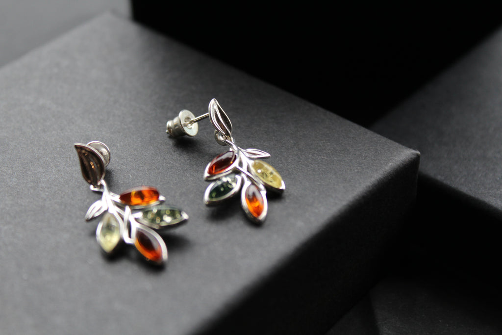 Mixed Amber Leaf Sprig Drop Earrings