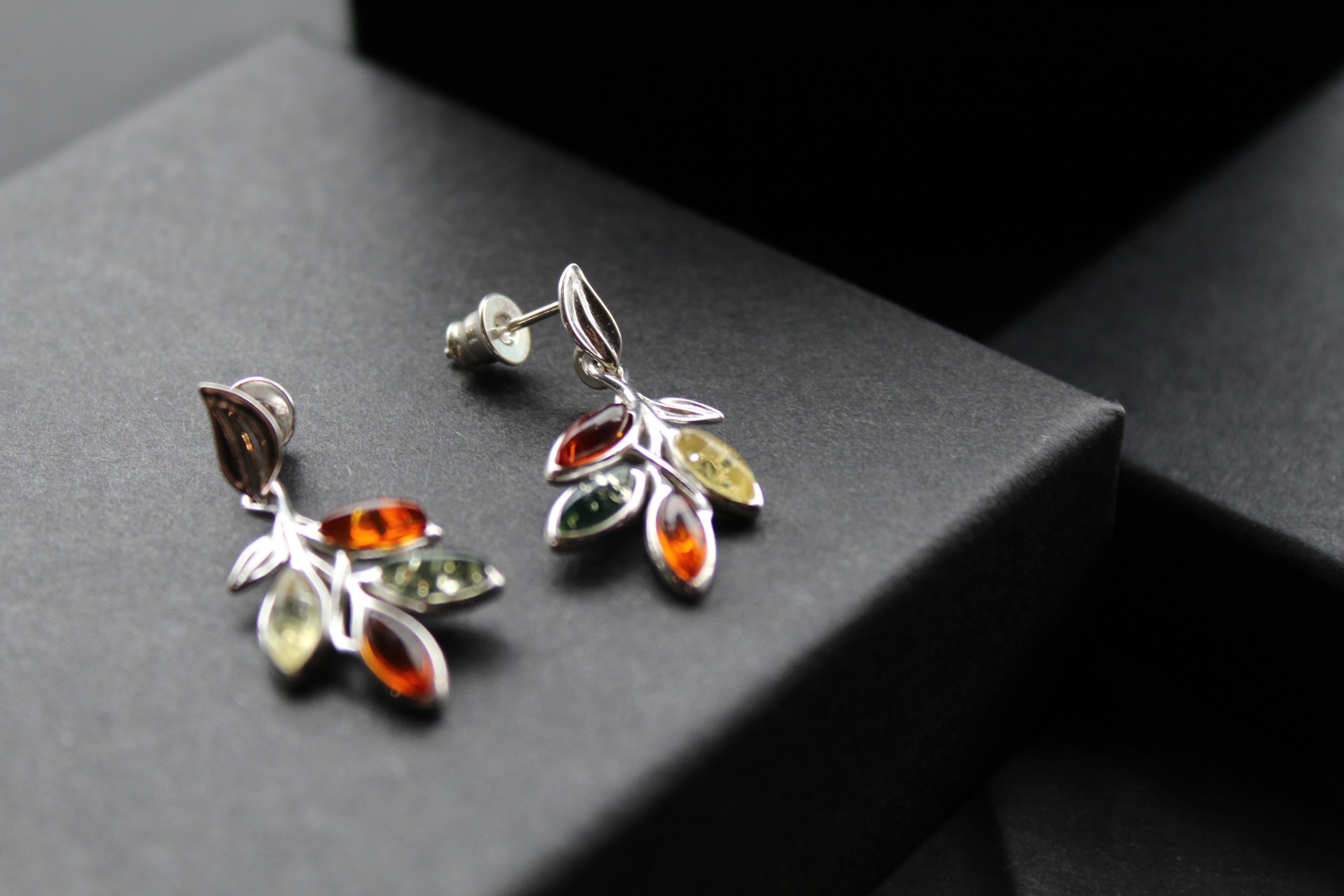 Mixed Amber Leaf Sprig Drop Earrings