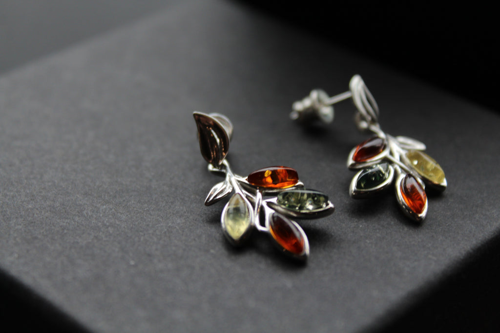 Mixed Amber Leaf Sprig Drop Earrings