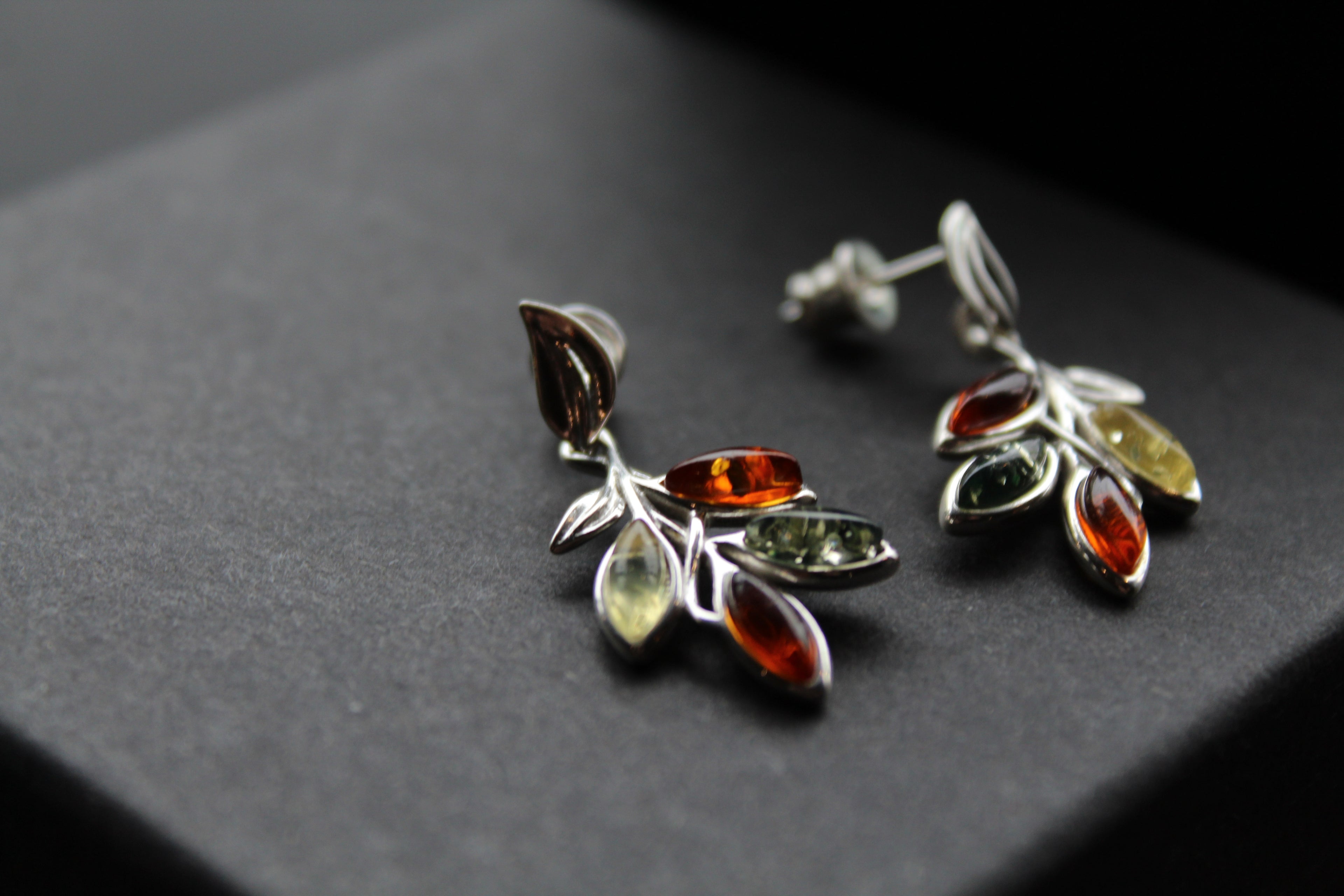 Mixed Amber Leaf Sprig Drop Earrings