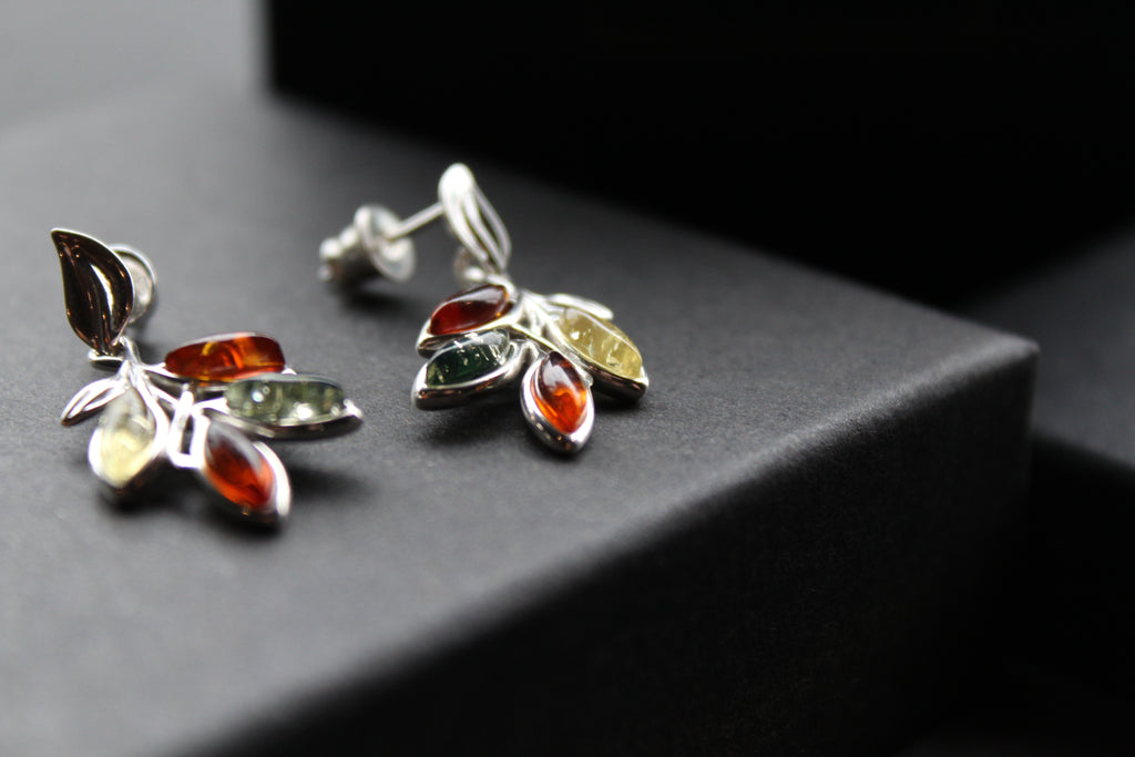 Mixed Amber Leaf Sprig Drop Earrings