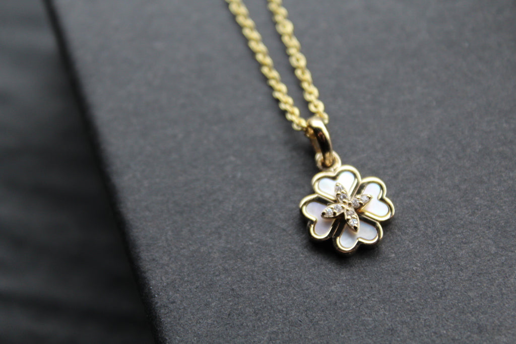 Silver Mother of Pearl Flower Necklace with Yellow Gold Plate