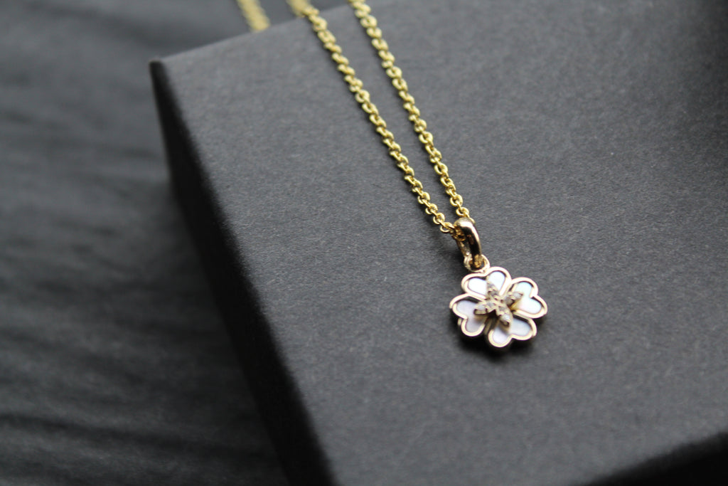 Silver Mother of Pearl Flower Necklace with Yellow Gold Plate