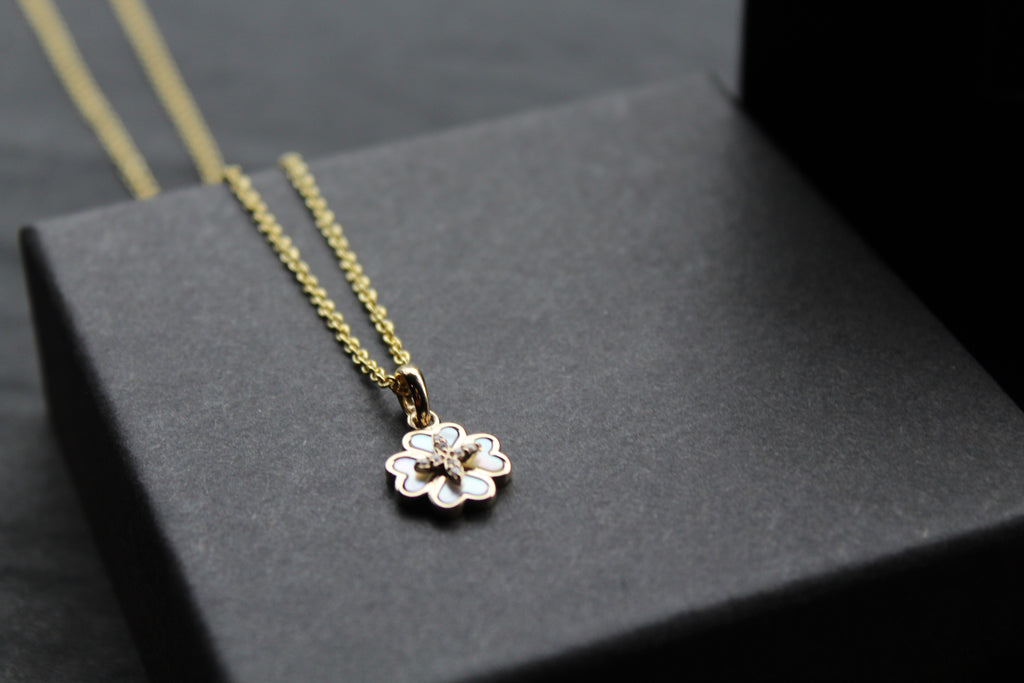 Silver Mother of Pearl Flower Necklace with Yellow Gold Plate