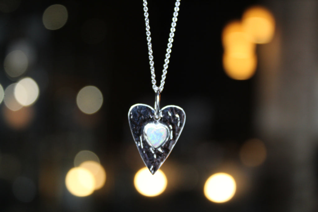 Opalite Hammered Heart Pendant & Chain