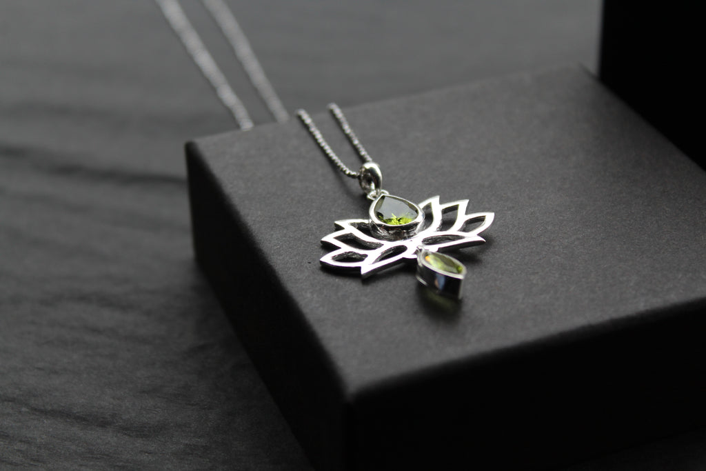 Peridot Sterling Silver Lotus Flower Pendant on Silver Chain