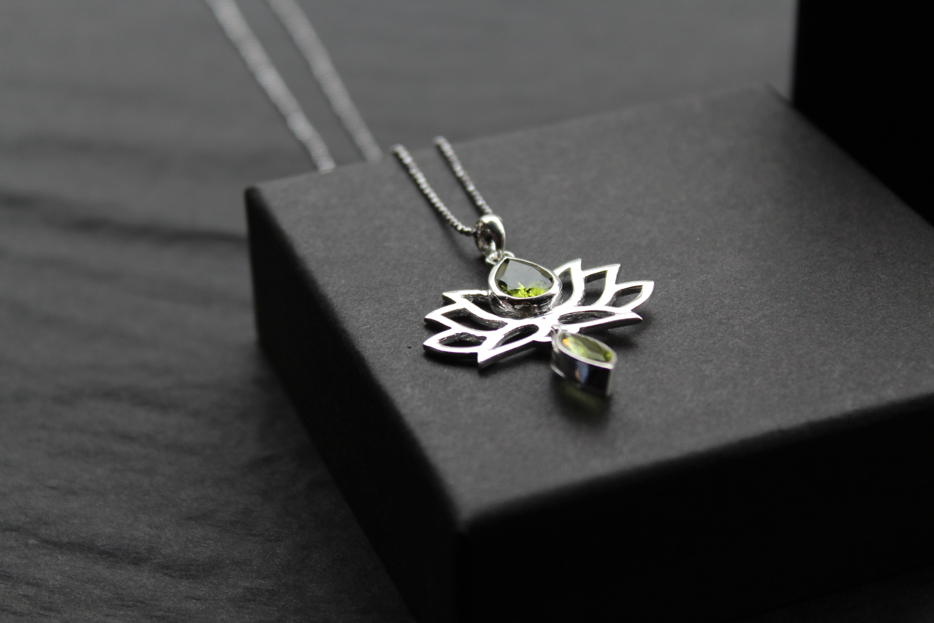 Peridot Sterling Silver Lotus Flower Pendant on Silver Chain