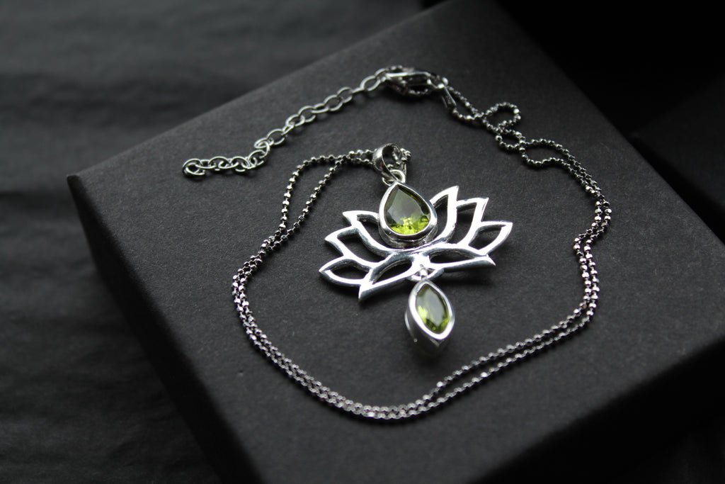 Peridot Sterling Silver Lotus Flower Pendant on Silver Chain