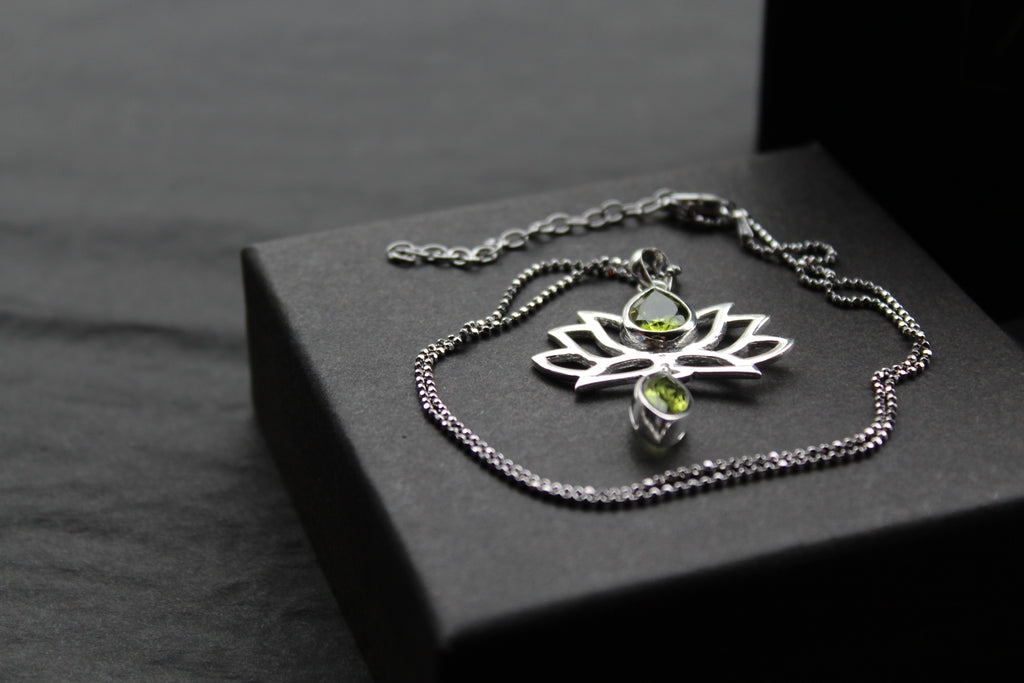 Peridot Sterling Silver Lotus Flower Pendant on Silver Chain