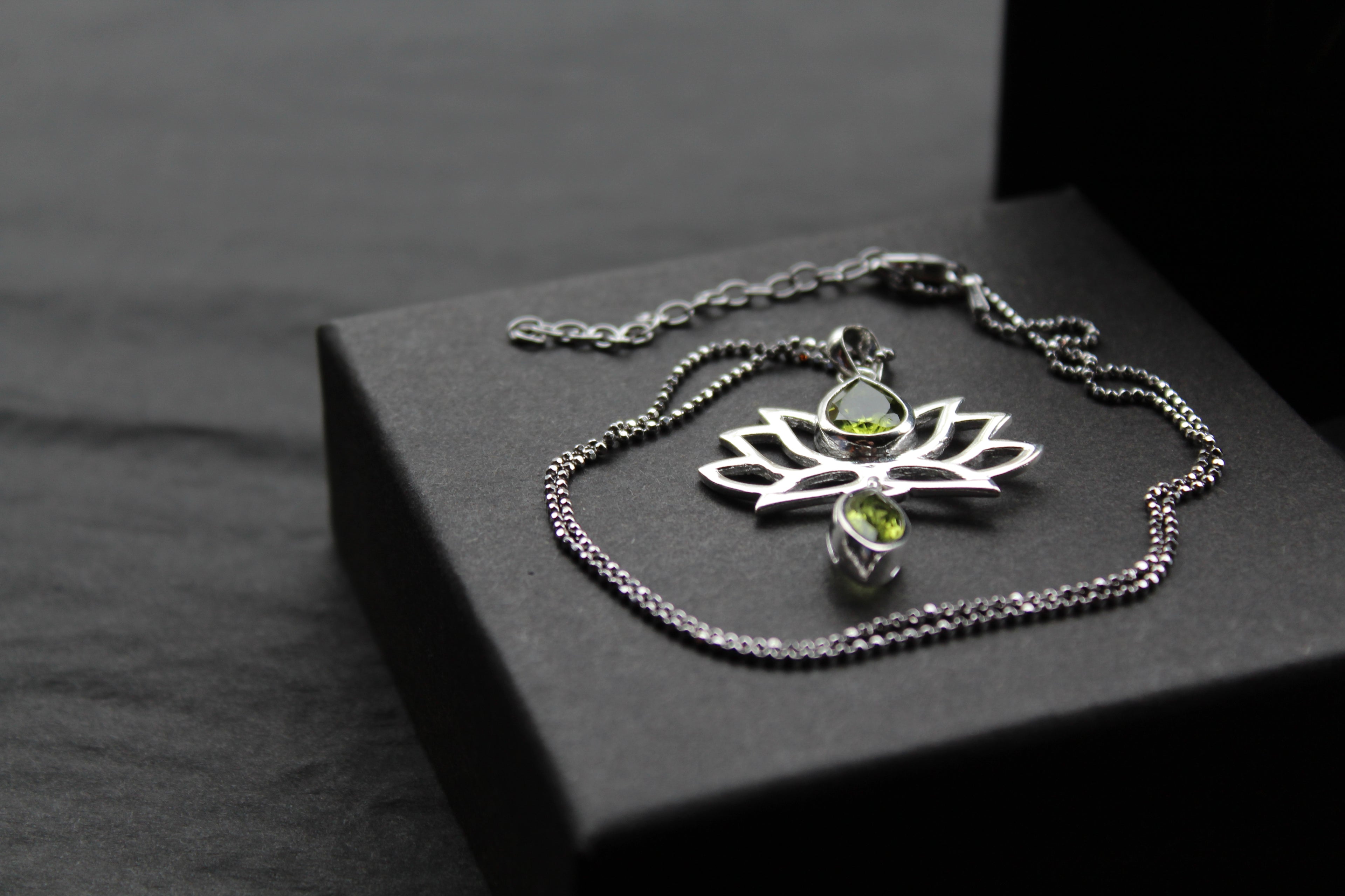 Peridot Sterling Silver Lotus Flower Pendant on Silver Chain