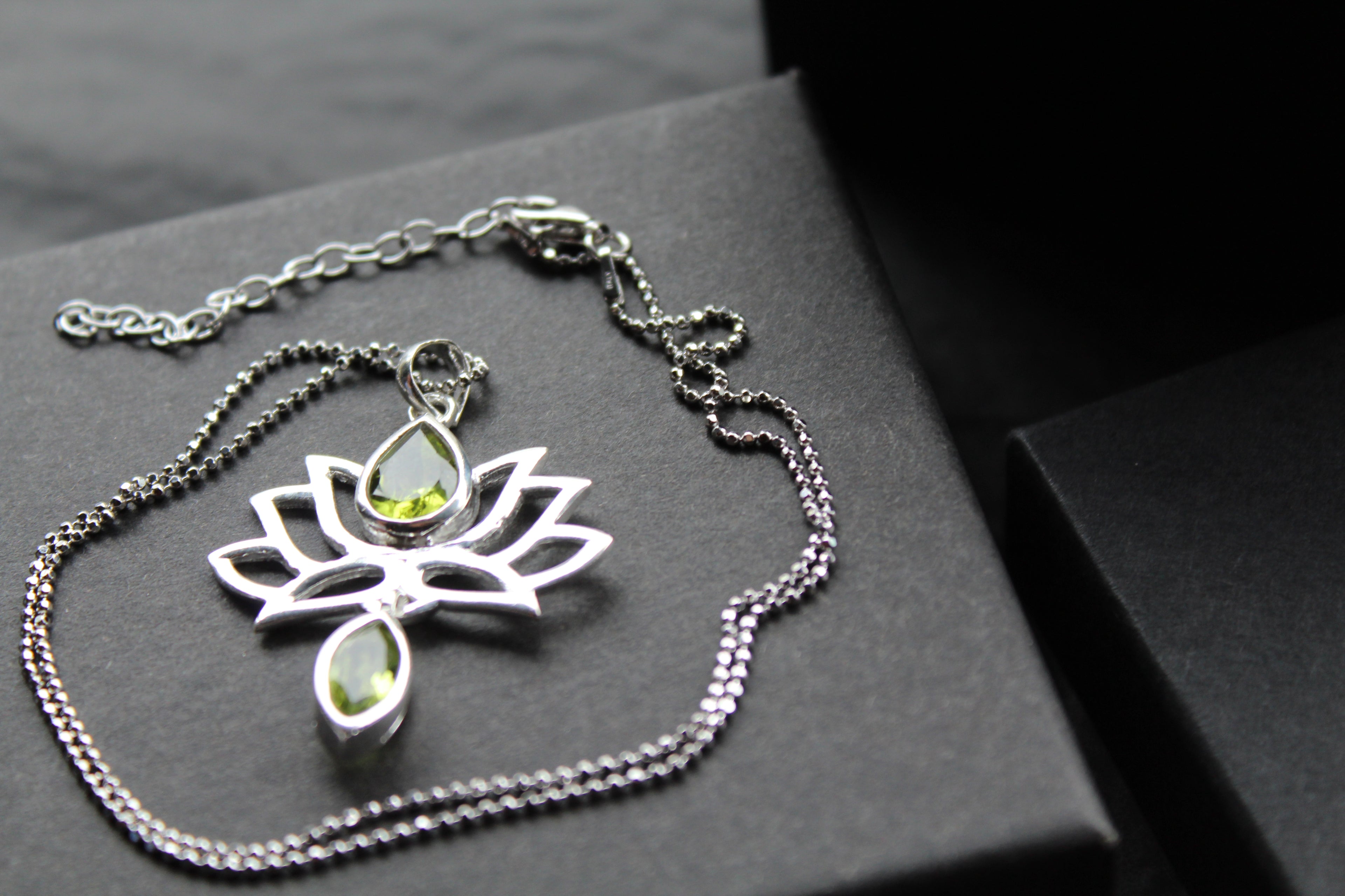 Peridot Sterling Silver Lotus Flower Pendant on Silver Chain
