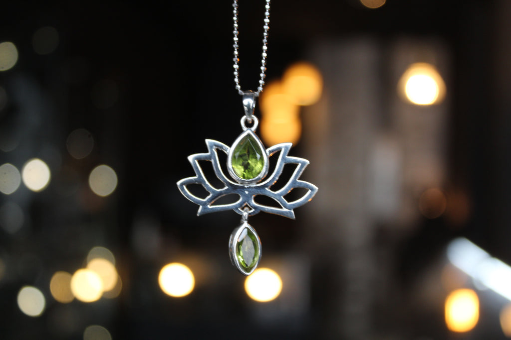 Peridot Sterling Silver Lotus Flower Pendant on Silver Chain