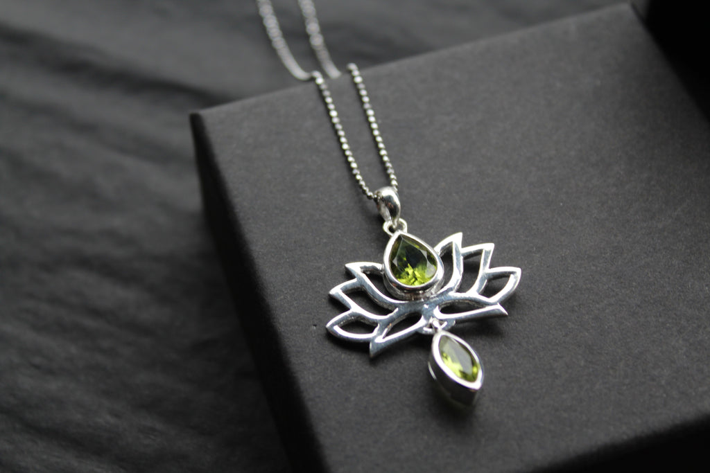 Peridot Sterling Silver Lotus Flower Pendant on Silver Chain