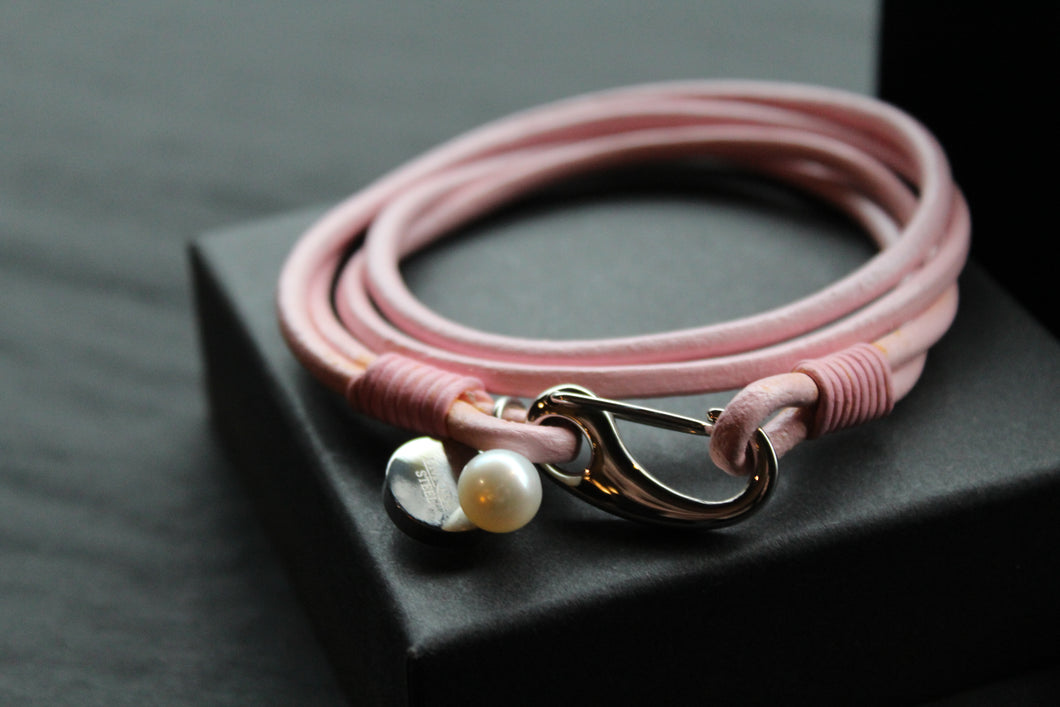 Pink Leather Rope Bracelet with Shrimp Clasp and Pearl Charm