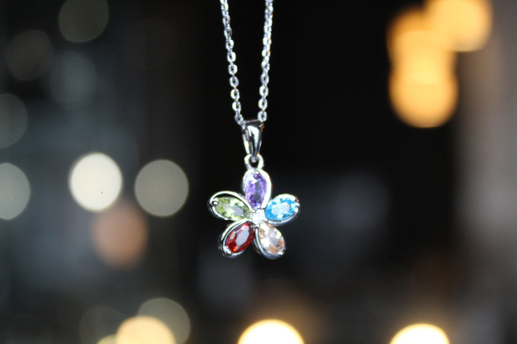 Rainbow Cubic Zirconia Flower Pendant with 16-18" Silver Chain