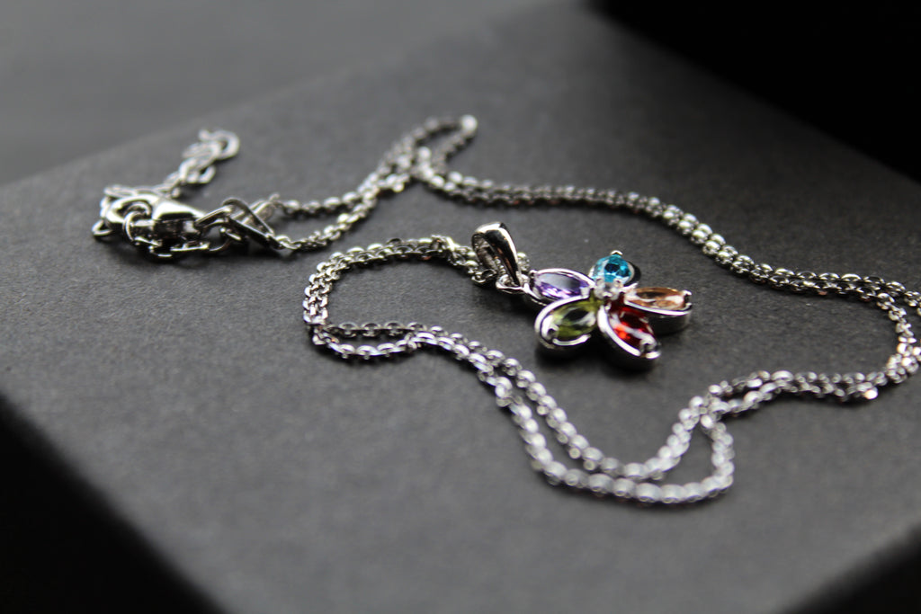 Rainbow Cubic Zirconia Flower Pendant with 16-18" Silver Chain