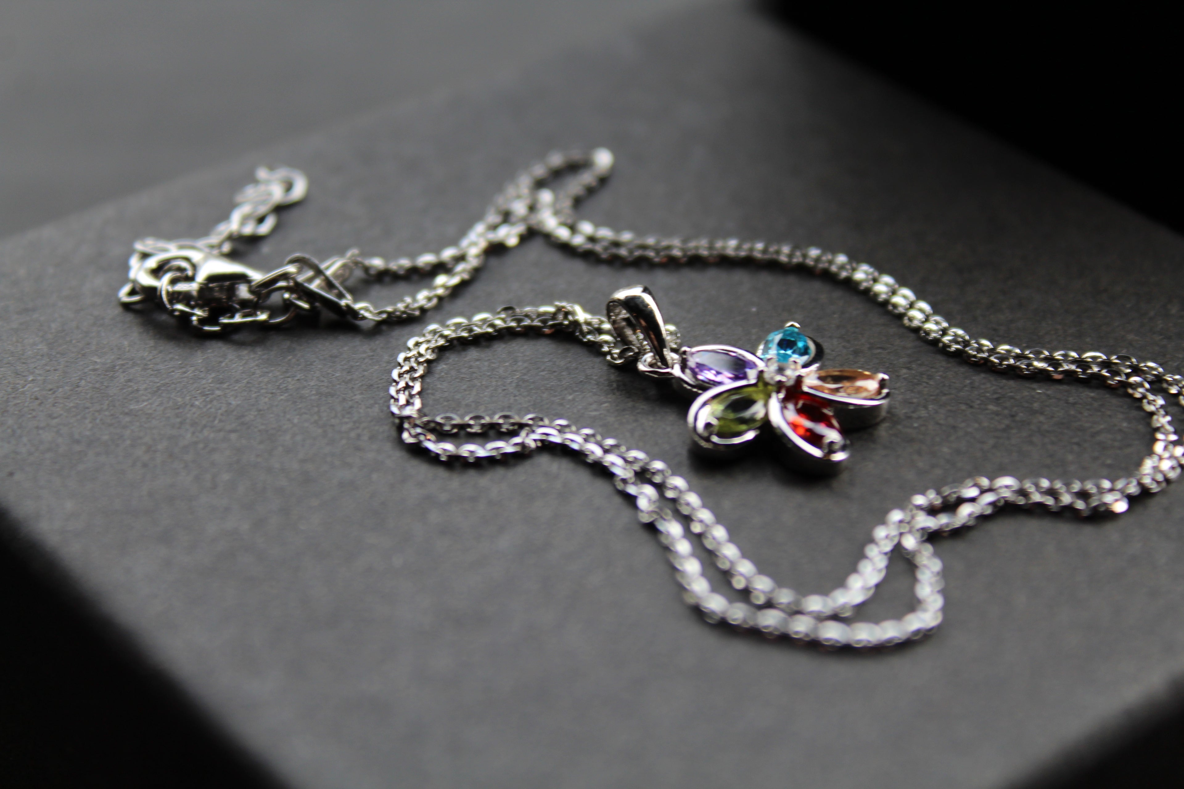 Rainbow Cubic Zirconia Flower Pendant with 16-18" Silver Chain