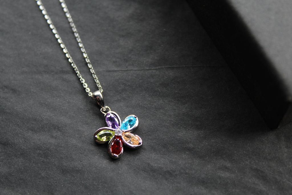 Rainbow Cubic Zirconia Flower Pendant with 16-18" Silver Chain