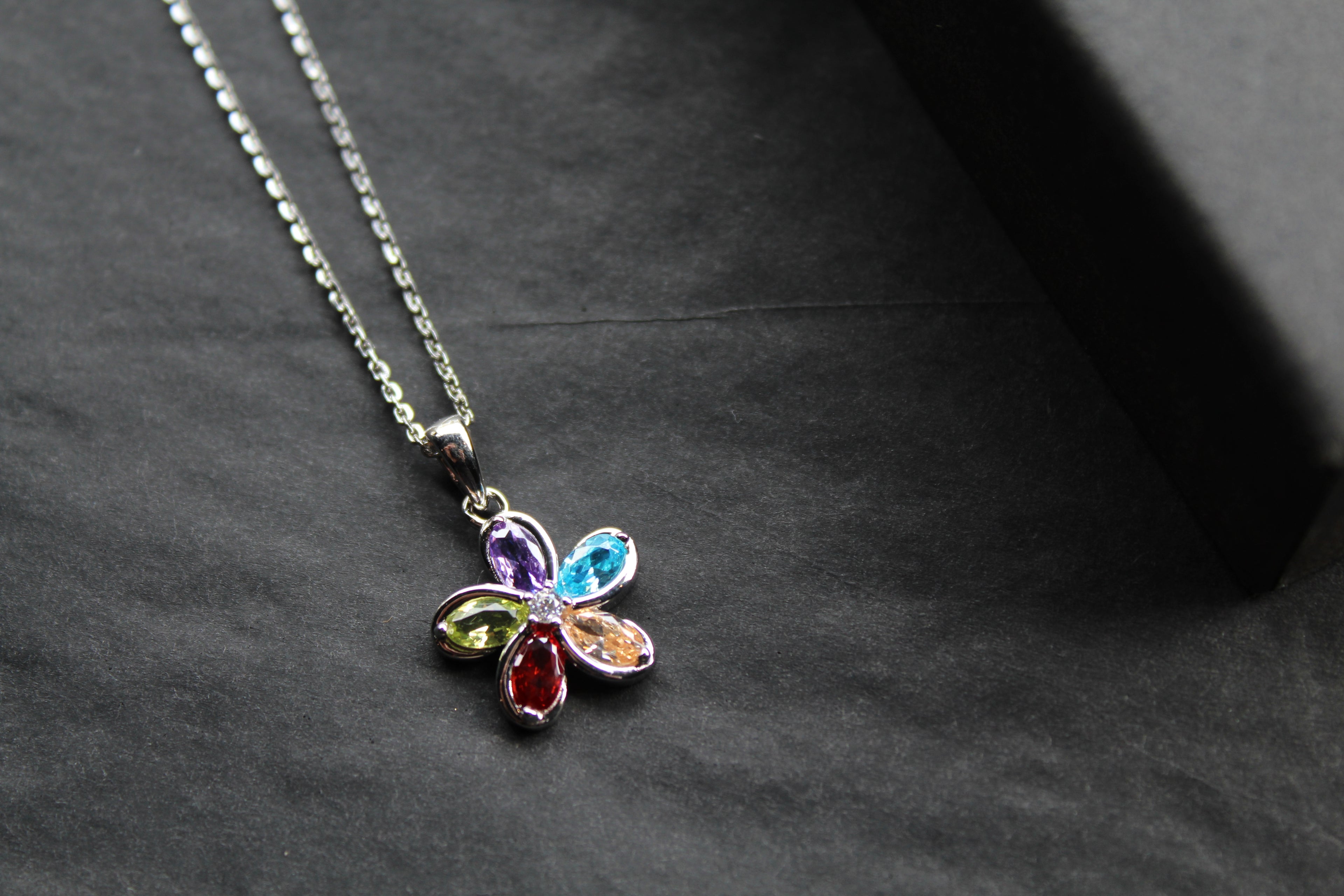 Rainbow Cubic Zirconia Flower Pendant with 16-18" Silver Chain